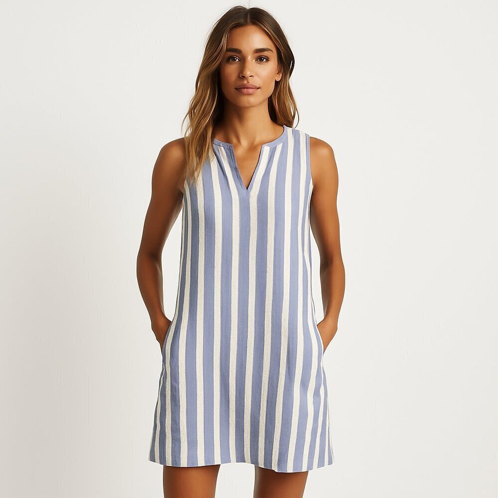 Beachlunchlounge Linen Blend Striped Shift Dress Pockets XS Blue White Vacation